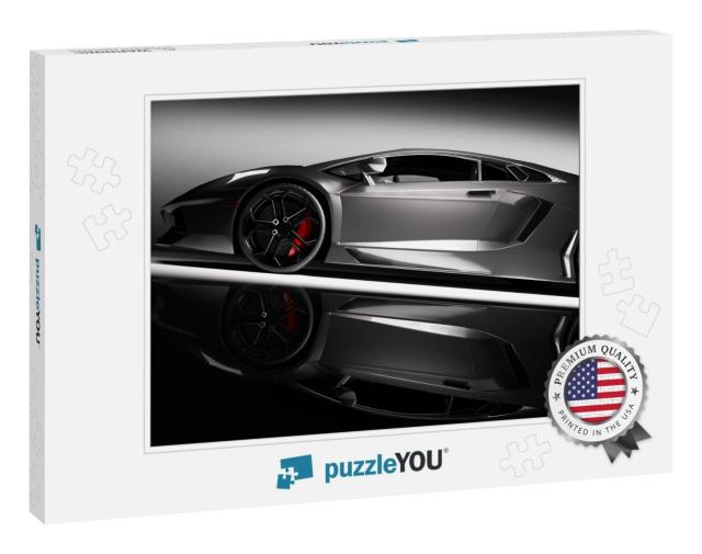 Grey Fast Sports Car in Spotlight, Black Background. Shin... Jigsaw Puzzle