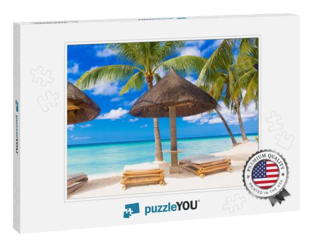 Sun Umbrella & Beach Beds Under the Palm Trees on Tropica... Jigsaw Puzzle
