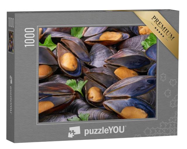 Puzzel 1000 stukjes „Close-up van gekookte mosselen“