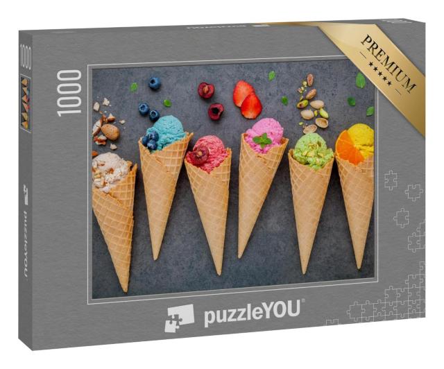 Puzzle 100 Teile „Eiskugeln: Heidelbeere, Erdbeere, Pistazie und mehr“