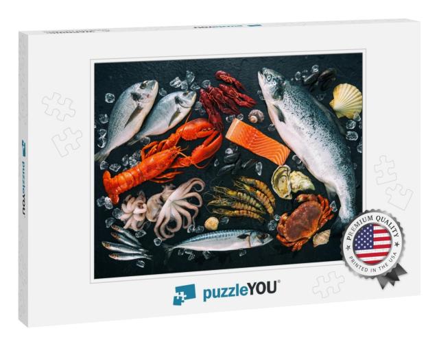 Fresh Fish & Seafood Arrangement on Black Stone Backgroun... Jigsaw Puzzle