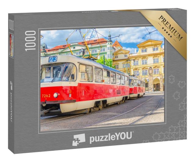 Puzzle „Retro-Straßenbahn auf Schienen in den Straßen von Prag“