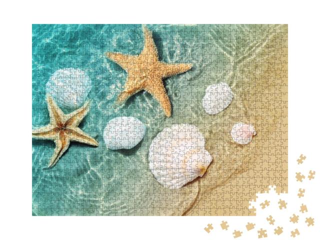 Puzzle 1000 Teile „Seesterne und Muscheln in der sanften Brandung am Strand“