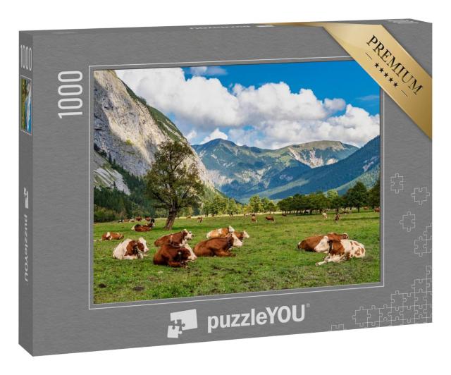 Puzzle 1000 Teile „Kuhweide und Ahornbäume am Ahornboden, Karwendelgebirge, Tirol“
