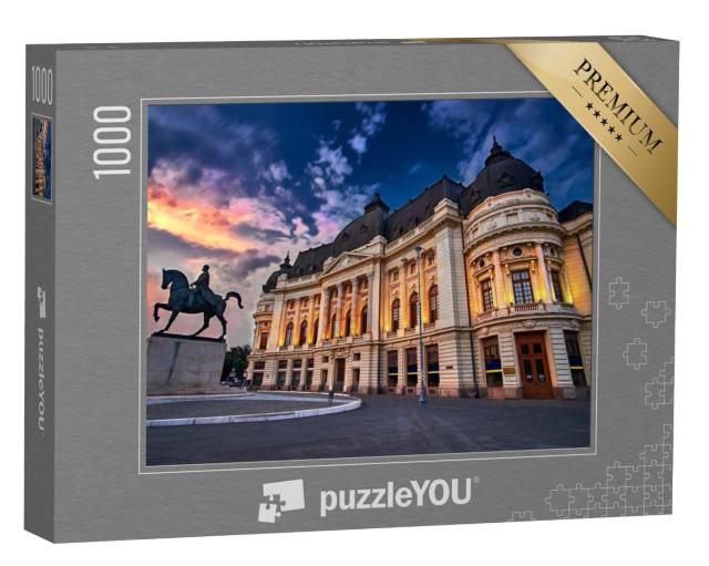 Puzzel 1000 stukjes „Boekarest bij zonsondergang. Calea Victoriei, Nationale Bibliotheek“