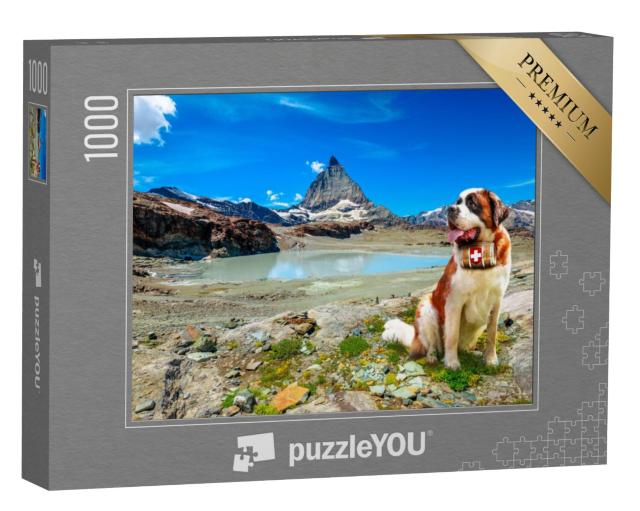 Puzzel 1000 stukjes „Sint Bernard reddingshond met schnapsvat voor de Alpen, Zermatt“