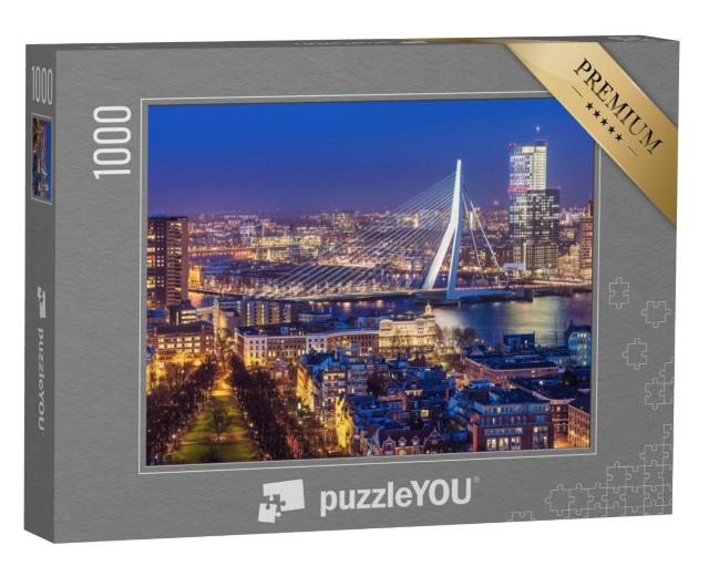 Puzzel 1000 stukjes „Skyline van Rotterdam met Erasmusbrug, Nederland“