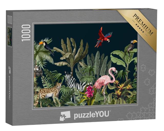 Puzzel 1000 stukjes „Naadloos patroon met jungledieren, bloemen en bomen“