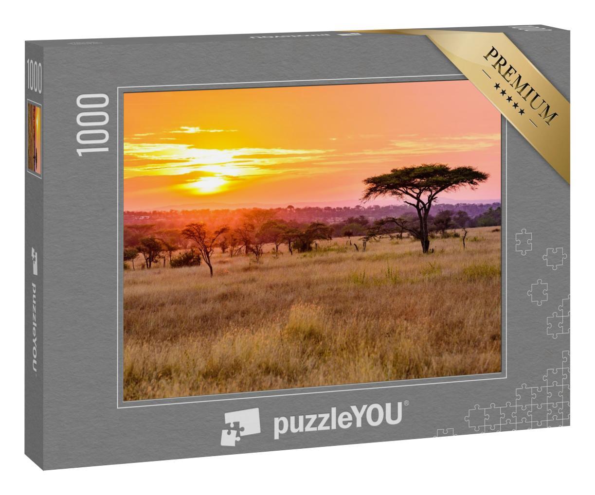 Puzzle 1000 Teile „Sonnenuntergang in der Savanne Afrikas mit Akazienbäumen, Tansania“