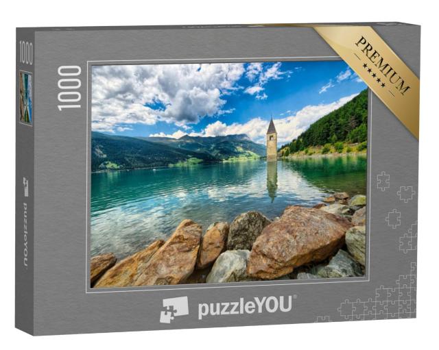 Puzzel 1000 stukjes „Klokkentoren van het meer van Reschen (Resia) Zuid-Tirol“