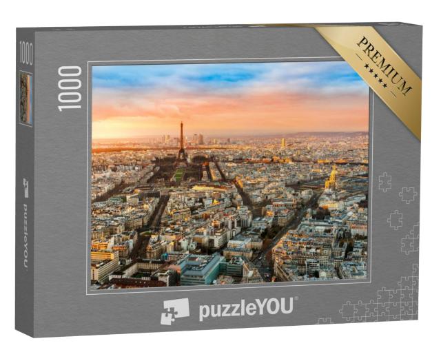 Puzzel 1000 stukjes „Groothoekbeeld van Parijs bij schemering, Frankrijk“