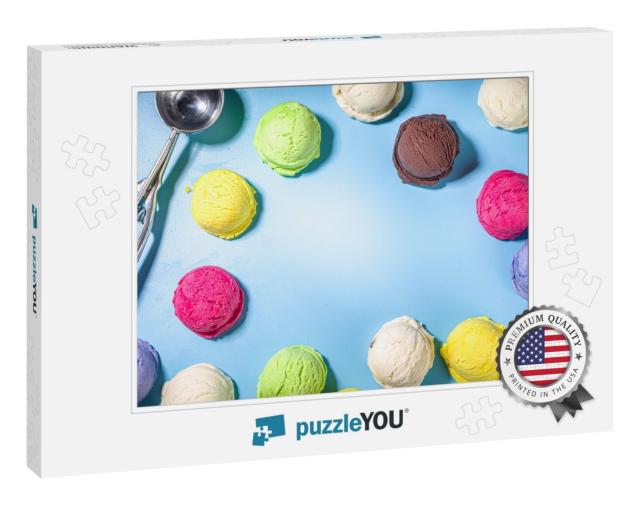 Colorful Various Ice Cream Scoops Pattern on Pastel Blue... Jigsaw Puzzle