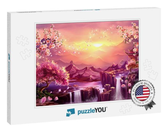 Oriental Background, Digital Art. Illustration of a Mount... Jigsaw Puzzle
