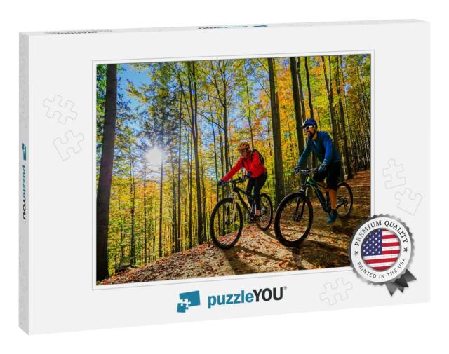 Cycling Woman & Man Riding on Bikes At Sunset Mountains F... Jigsaw Puzzle