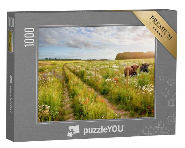 Puzzel 1000 stukjes „Bloemenweide met twee koeien“