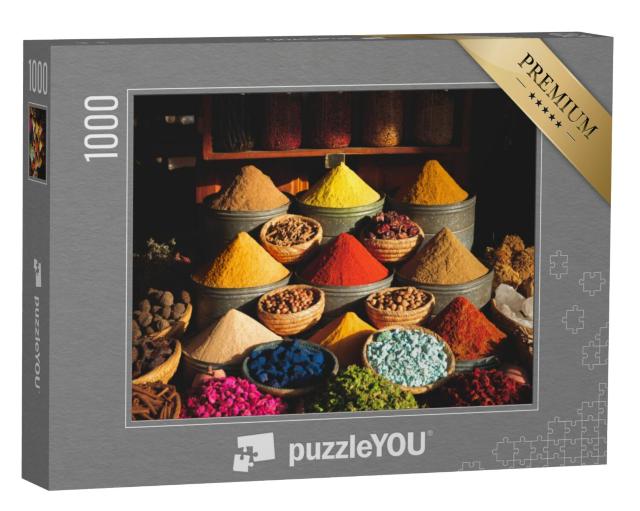 Puzzel 1000 stukjes „Kleurrijke kruiden op een traditionele markt in Marrakech, Marokko“