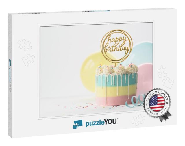 Pastel Birthday Cake with Drip Icing & Balloons... Jigsaw Puzzle