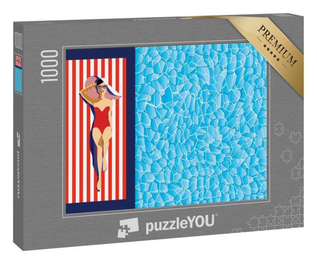 Puzzle 1000 Teile „Illustration: schöne junge Frau am Pool mit Sonnenbrille, Hut, Badeanzug“