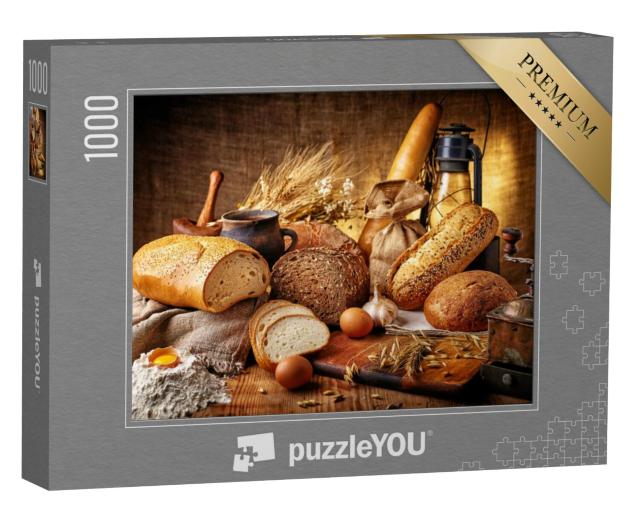 Puzzel 1000 stukjes „Landelijk stilleven met brood, eieren en koffiemolen“