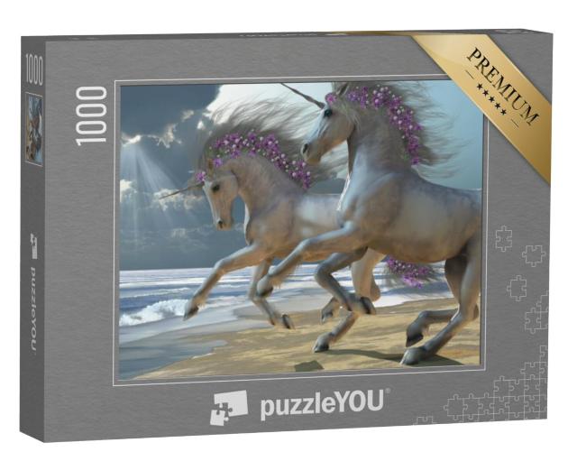 Puzzel 1000 stukjes „Twee prachtige witte eenhoorns dartelen op het strand“