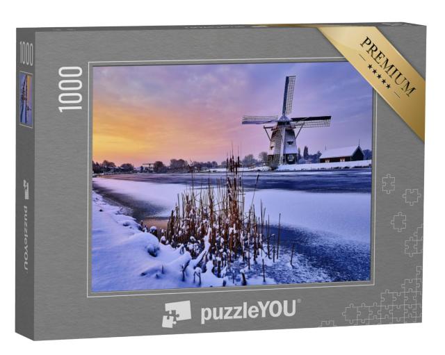 Puzzel 1000 stukjes „Nederlandse windmolen in de sneeuw“