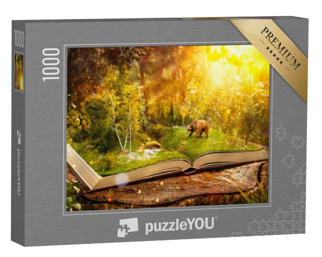 Puzzel 1000 stukjes „Fantasy illustratie: Open boek met wild bos en beer“