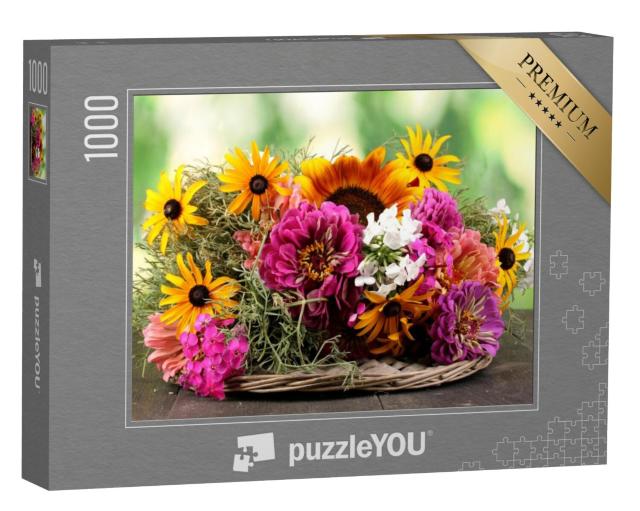 Puzzel 1000 stukjes „Boeket heldere bloemen op houten tafel“