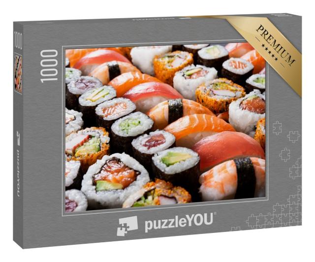 Puzzle 1000 Teile „Sushi-Auswahl: Maki und Rollen mit Thunfisch, Lachs, Garnelen, Krabben und Avocado“