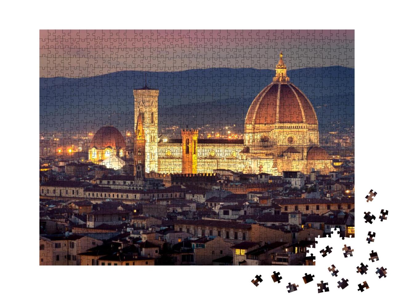 Puzzle 1000 Teile „Stadtbild von Florenz bei Dämmerung, im Zentrum der Dom auf der Piazza del Duomo“