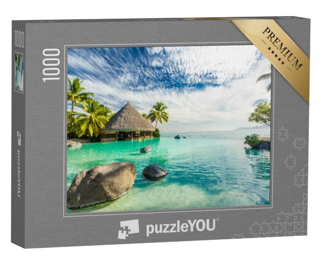 Puzzel 1000 stukjes „Oneindig zwembad met palmbomen, eiland Tahiti, Frans-Polynesië“