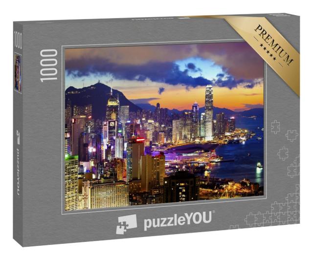Puzzle 1000 Teile „Hell erleuchtetes Hongkong im Sonnenuntergang“