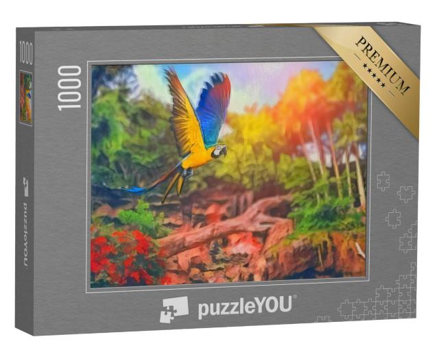 Puzzel 1000 stukjes „in de kunststijl van Franz Marc - Ara papegaai in tropisch regenwoud“