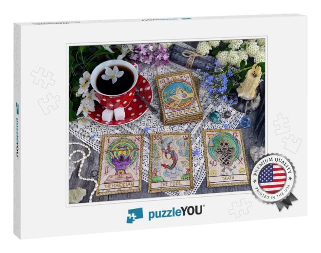 Tarot Cards with Cup of Tea, Flowers & Black Can... Jigsaw Puzzle