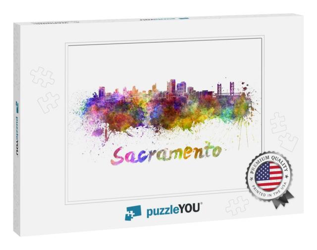 Sacramento Skyline in Watercolor Splatters with Clipping... Jigsaw Puzzle