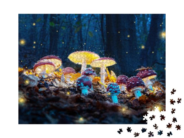 Puzzle 1000 Teile „Mystische Fliegenpilze leuchten im dunklen Wald“