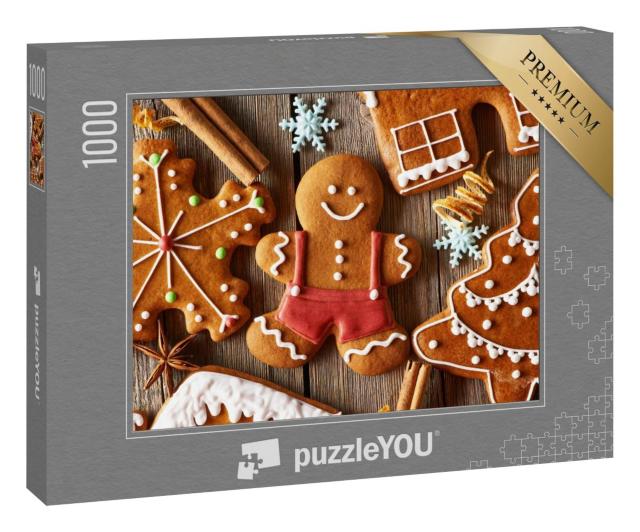 Puzzle 100 Teile „Weihnachten: hausgemachte Lebkuchen auf Holztisch“