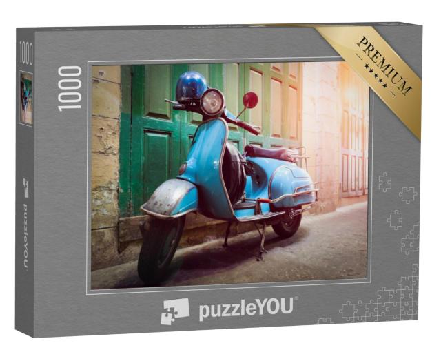 Puzzel 1000 stukjes „Vintage scooter geparkeerd in een steegje in vintage stijl“