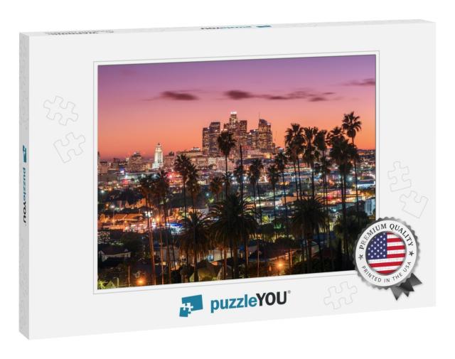 Beautiful Sunset of Los Angeles Downtown Skyline & Palm T... Jigsaw Puzzle