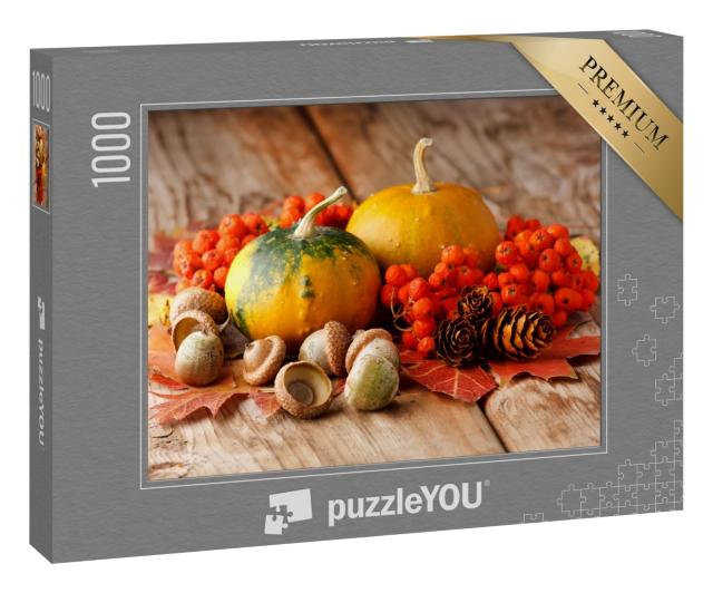 Puzzle 1000 Teile „Geerntete Kürbisse mit Herbstlaub und Nüssen“