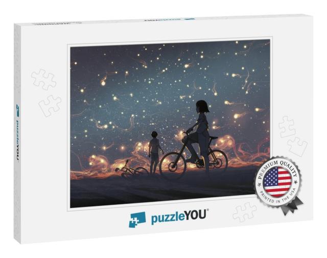 Young Couple Look At Mysterious Light in the Night Sky, D... Jigsaw Puzzle