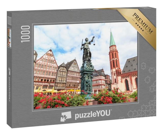 Puzzle 1000 Teile „Historischer Altstadtplatz Römerberg mit Justitia-Statue, Frankfurt, Deutschland“