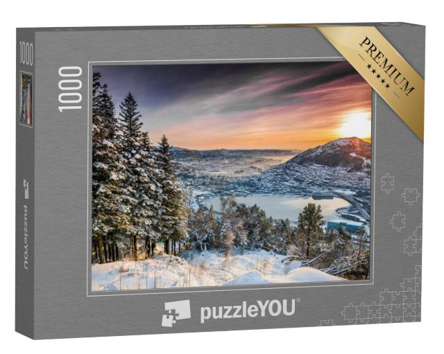 Puzzel 1000 stukjes „Zonsondergang op de bergtop in Bergen, Noorwegen“