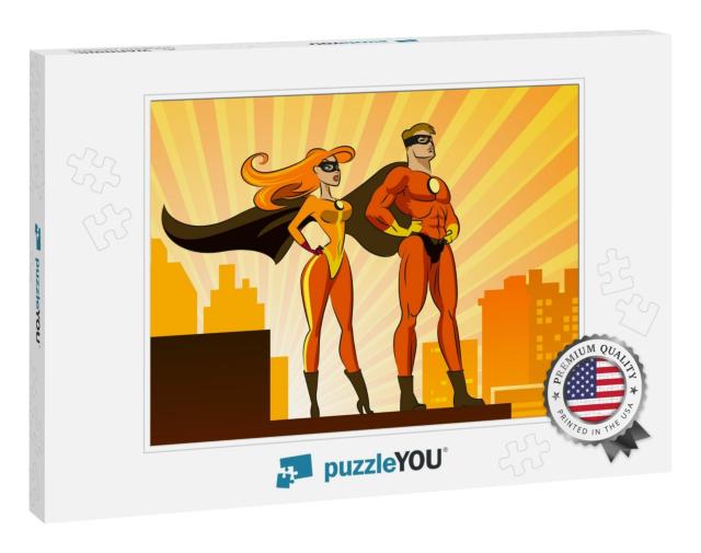 Superhero Couple Male & Female Superheroes. Vector Illust... Jigsaw Puzzle