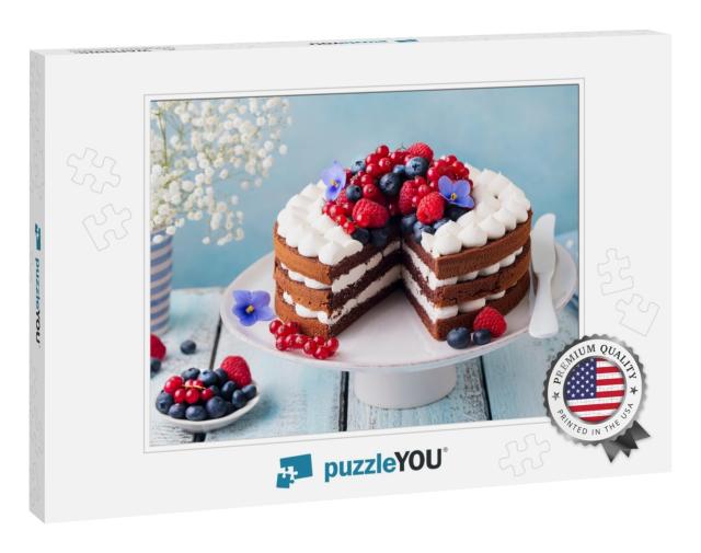 Chocolate Cake with Whipped Cream & Fresh Berries. Blue W... Jigsaw Puzzle