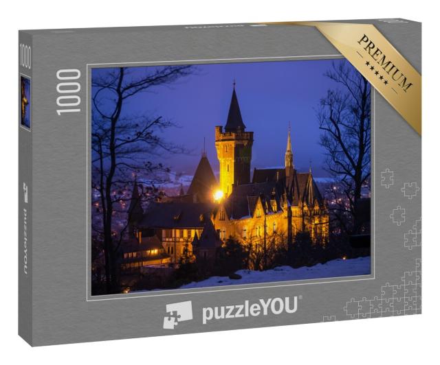 Puzzle 1000 Teile „Schloss Wernigerode bei Einbruch der Dunkelheit, Harz, Deutschland“