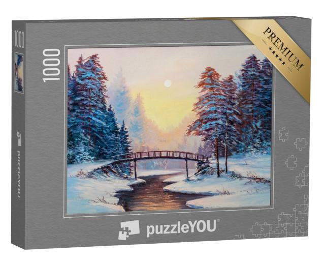 Puzzel 1000 stukjes „Winterlandschap met rivier, origineel olieverfschilderij“