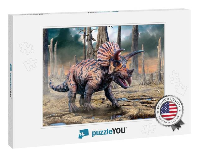 Triceratops from the Cretaceous Era Scene 3D Illustration... Jigsaw Puzzle