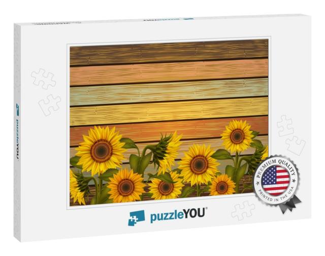 Illustration of Sunflowers & Leaves on Varicolored Wooden... Jigsaw Puzzle