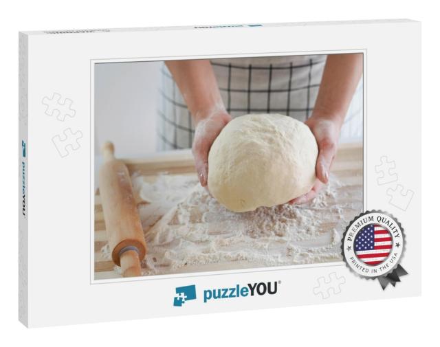 Woman Holds Dough in Her Hands & Shows At Camera. Increas... Jigsaw Puzzle