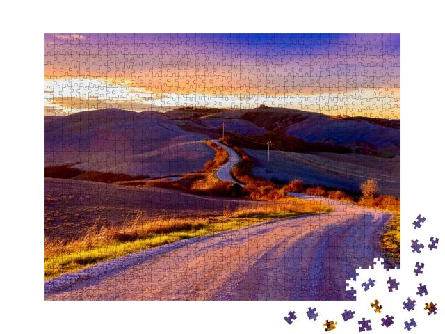 Puzzle 1000 Teile „Straße bei Sonnenuntergang auf dem Lande“